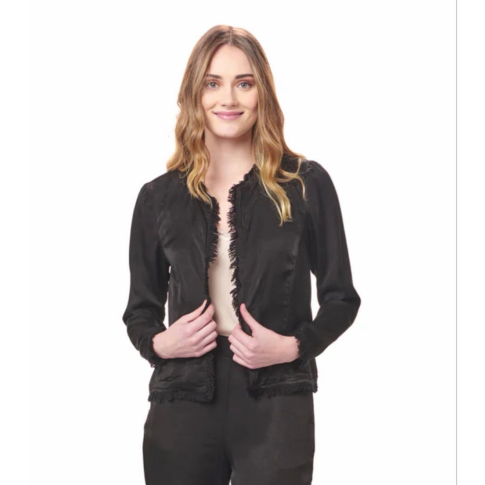 NEW with tags Maven West Black Satin Fray Fringed Cupro Blazer Jacket M